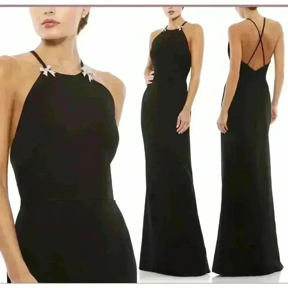 Mac Duggal Halter Criss Cross Column Gown 0 XS Rhinestone Bow Maxi Dress Formal